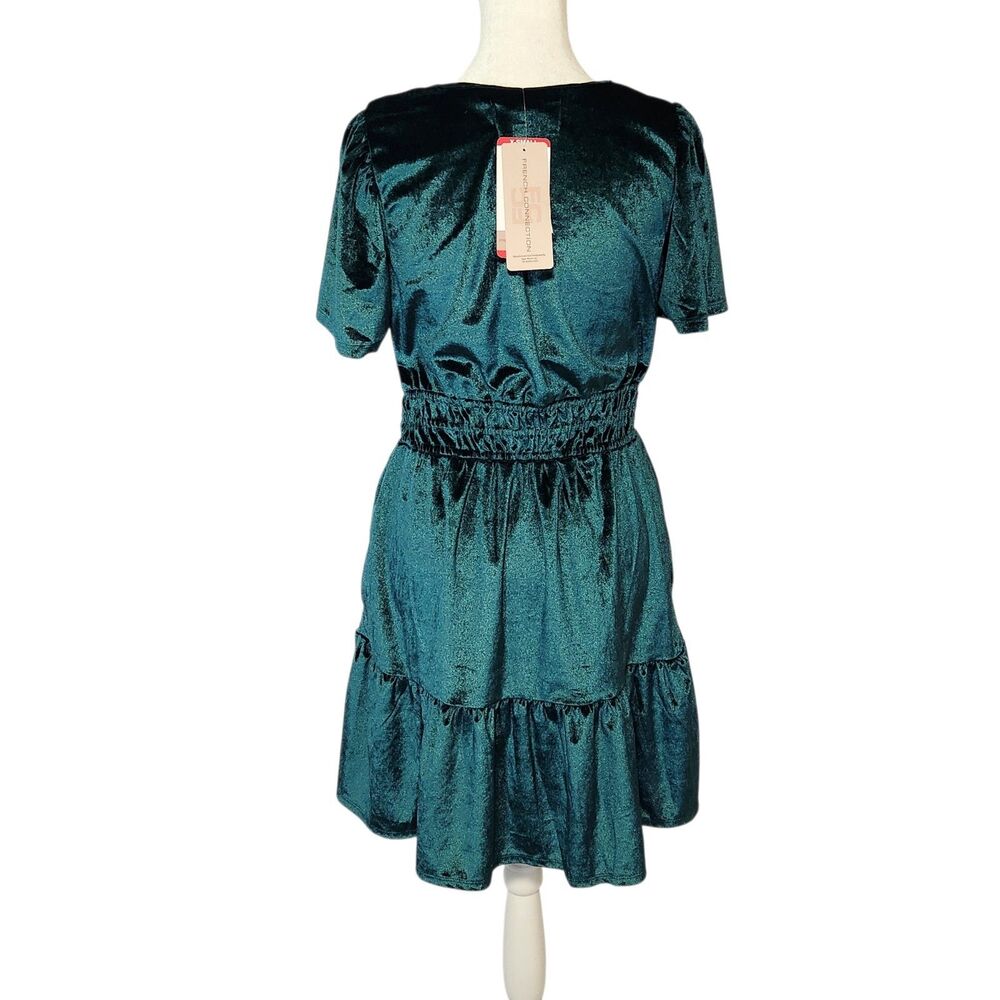 French Connection Emerald Green Velvet Short Sleeve Mini Dress XS NWT Ruffle - Picture 7 of 16